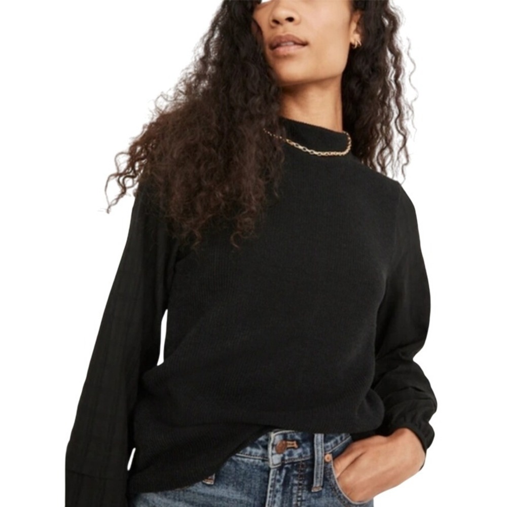 Madewell‎ Black Ribbed Mock Neck Tiered Sleeve Sweater XS NWT $89
